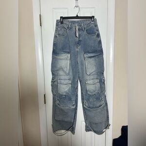 High Rise Blue Cargo Jeans (Sample)